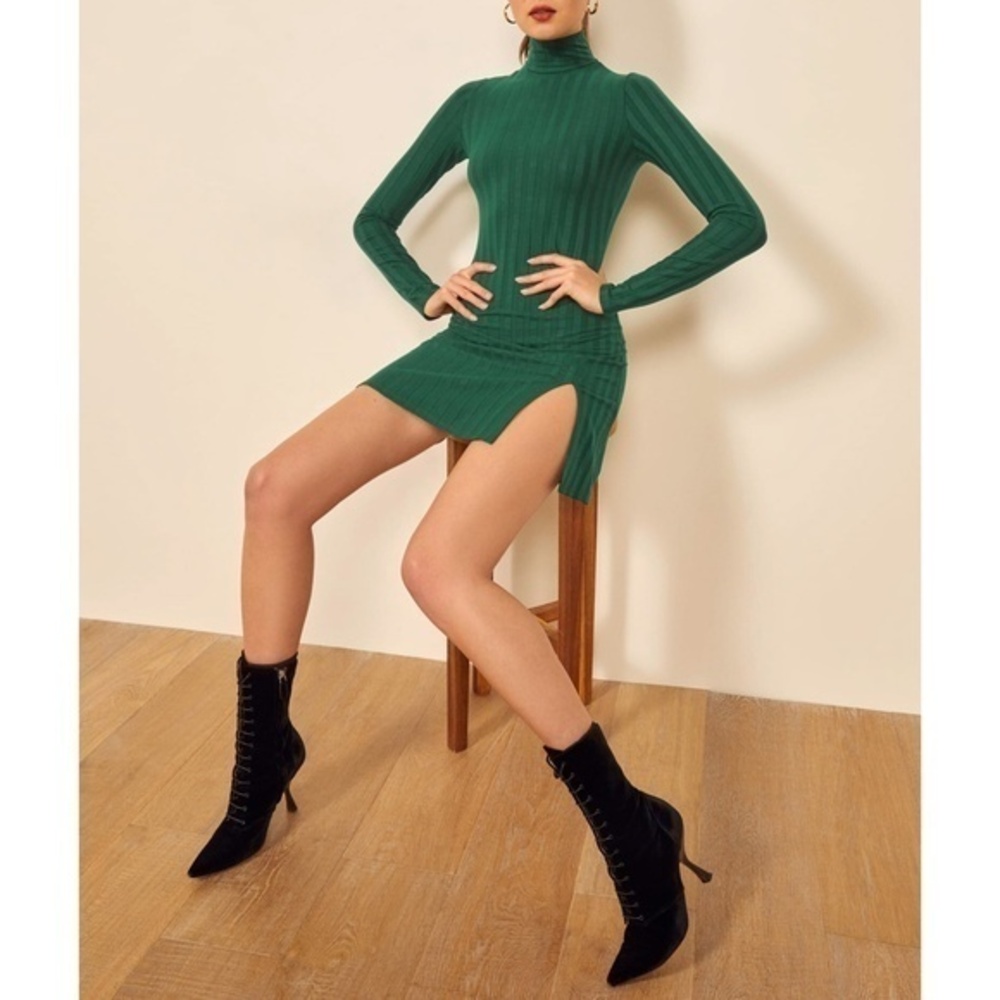 Last Chance! New Reformation Libra Tencel Ribbed Mockneck Dress Emerald Green XS - Picture 2 of 8